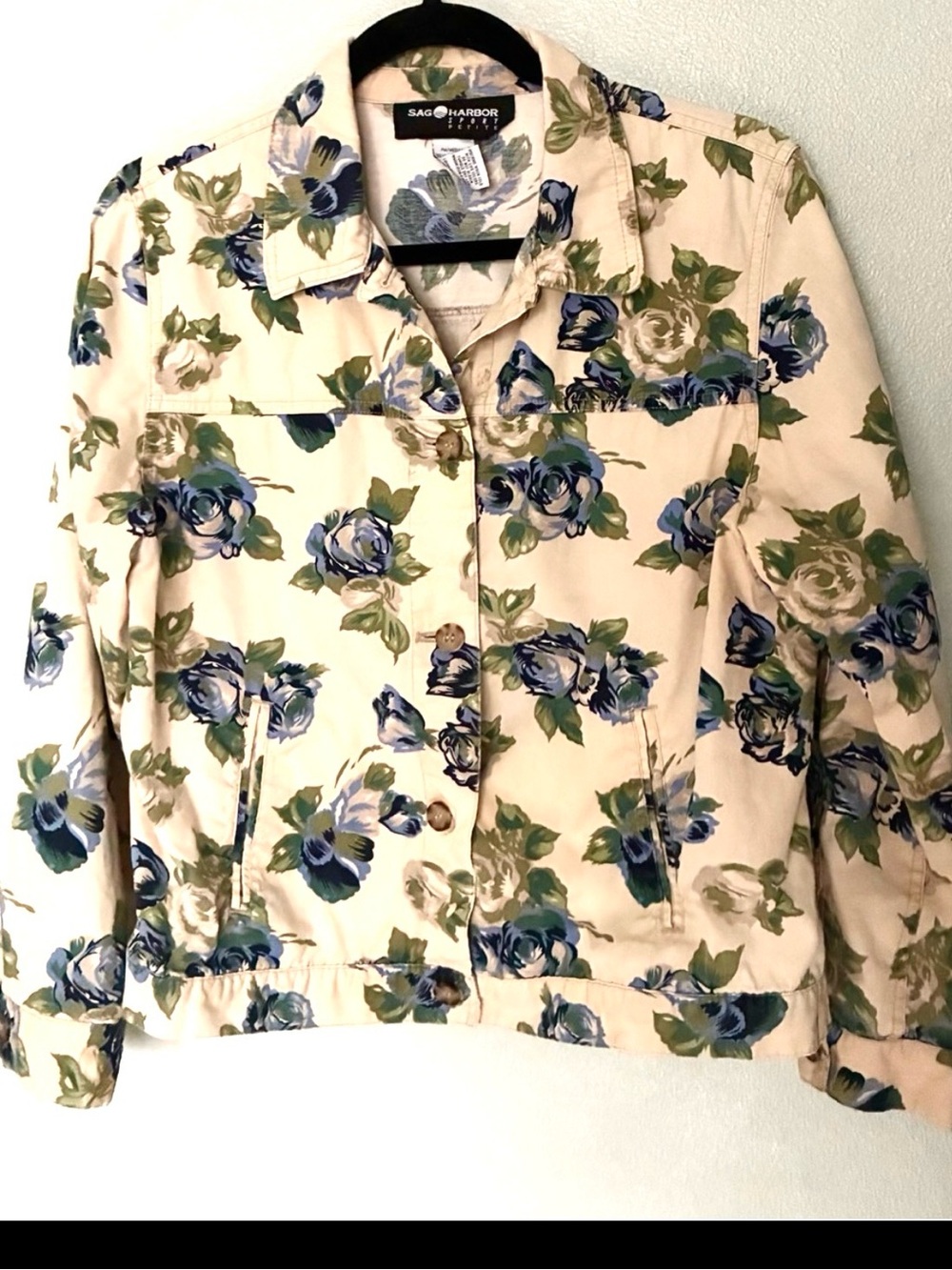 Sag Harbor Sport Petite Floral Jacket PM Blue Rose Print Cottagecore Grannycore